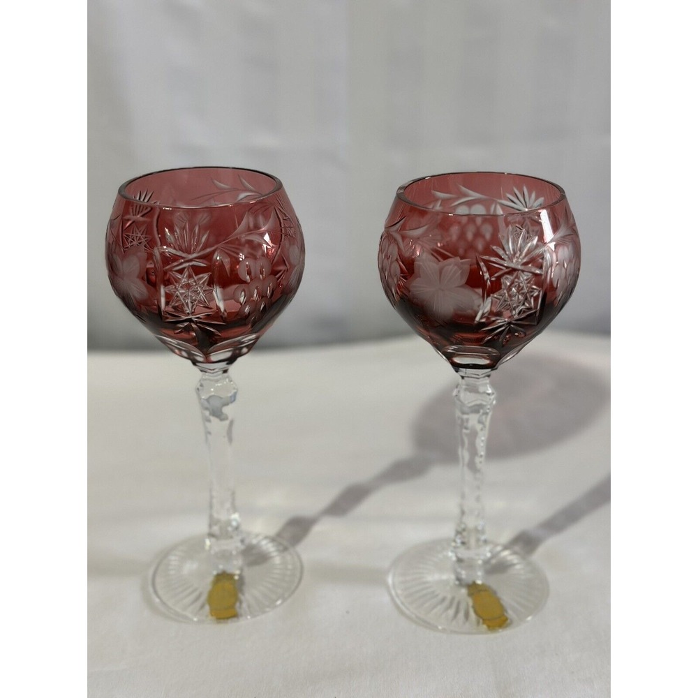 Nachtmann Traube Cranberry Two Wine Hocks Stems Handcut Clear to Lead‎ Crystal
